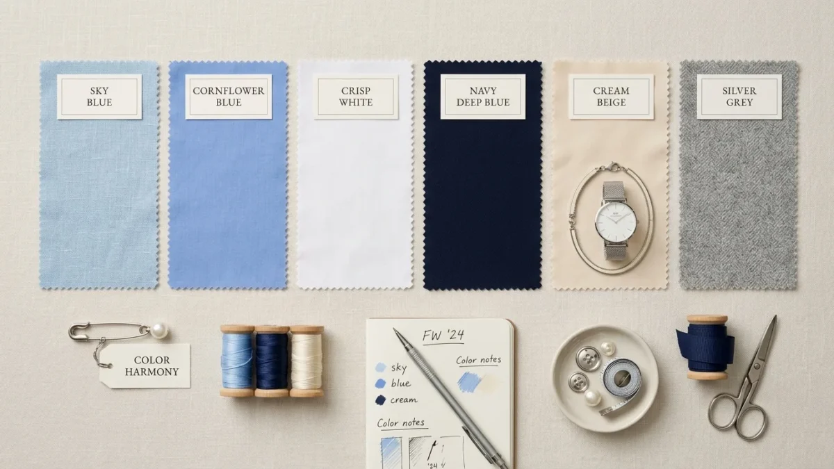 Paleta kolorów pasujących do błękitu - próbki tkanin i akcesoria