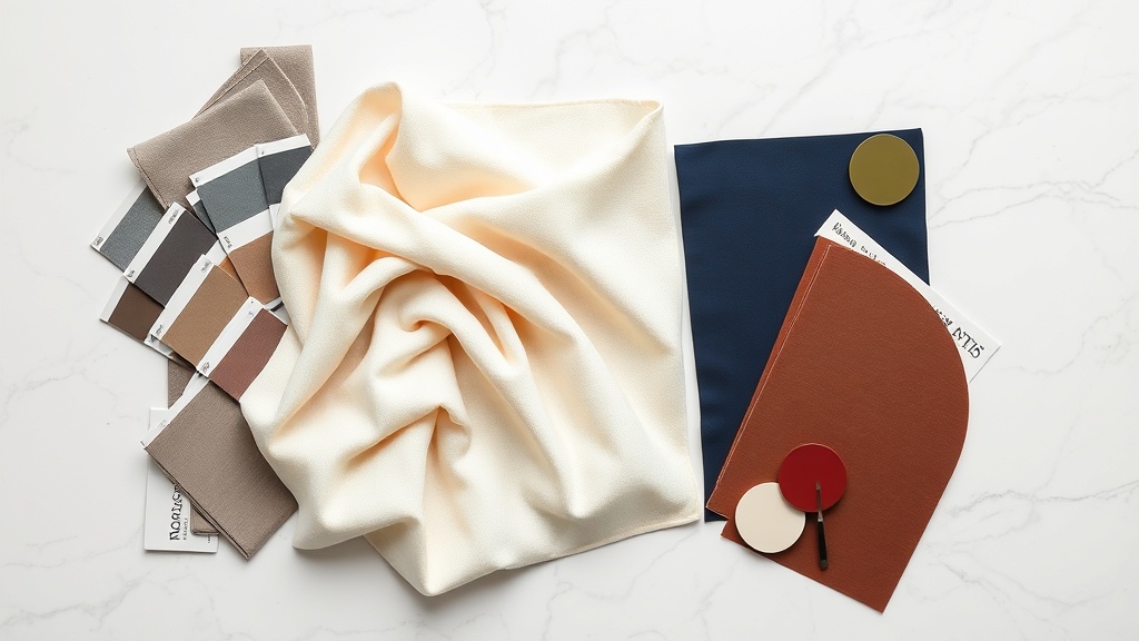 Paleta kolorystyczna z ecru jako bazą, otoczonym harmonijnymi odcieniami — szarym, granatowym, oliwkowym, bordowym