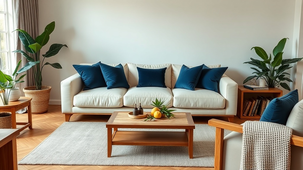 Living room w palecie ecru + granat — ecru sofa, granatowe poduszki, drewniane meble, rośliny. Ciepły, elegancki klimat