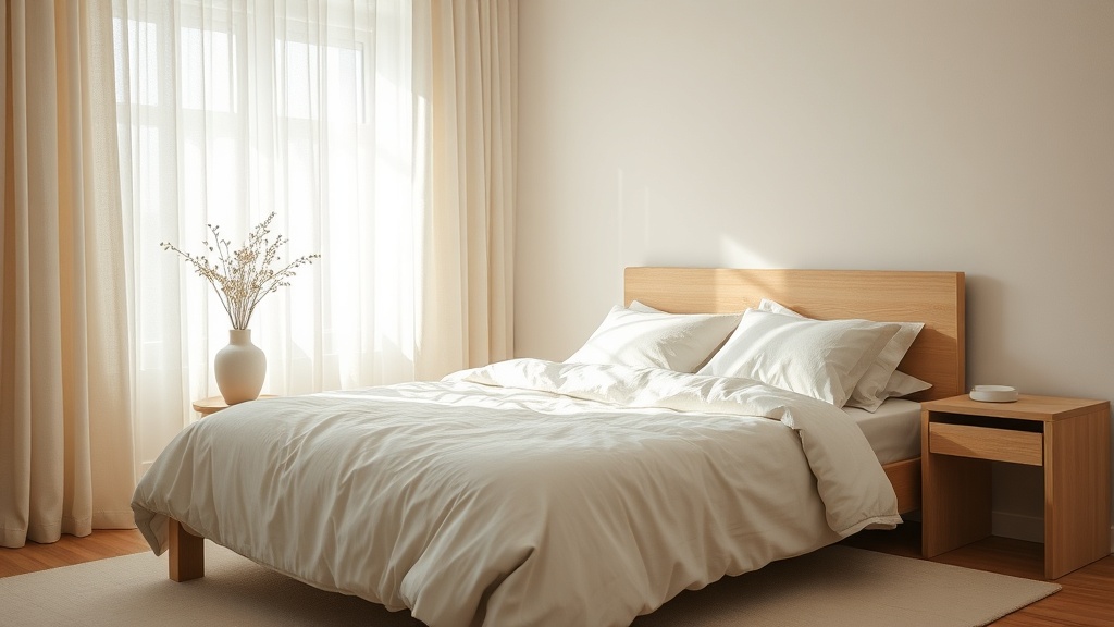 Sypialnia w palecie ecru — lniana pościel, drewniane meble, minimalistyczne dekoracje, miękkie światło poranne