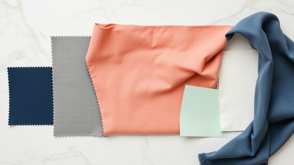 Paleta kolorystyczna z łososiowym jako centralnym kolorem, otoczonym komplementarnymi odcieniami — szarym, granatowym, białym, miętowym