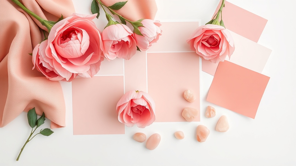 Moodboard z łososiowymi kombinacjami — tkaniny, farby ścienne, kwiaty, kamienie naturalne w odcieniach łososiowego z uzupełniającymi kolorami