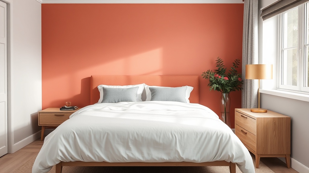 Sypialnia z łososiową ścianą za łóżkiem, białą pościelą, szarymi poduszkami i złotą lampką nocną na stoliku z jasnego drewna