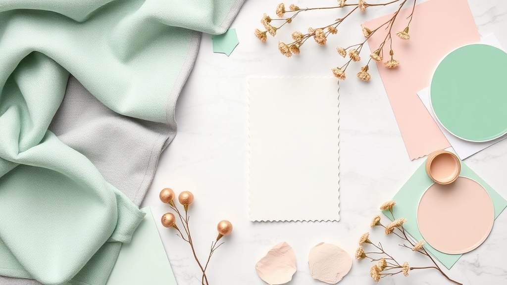 Paleta kolorystyczna z miętowym jako centralnym kolorem, otoczonym harmonijnymi odcieniami — szarym, białym, różowym, złotym