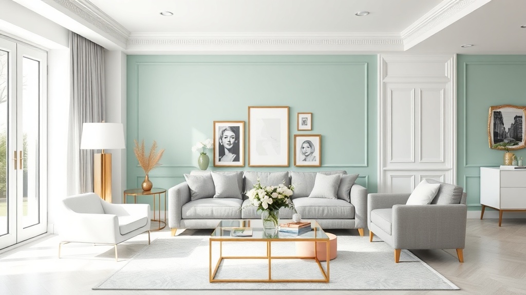 Salon z miętową ścianą akcentową, szara sofa, białe meble, złote lampy i ramki. Jasny, elegancki, świeży