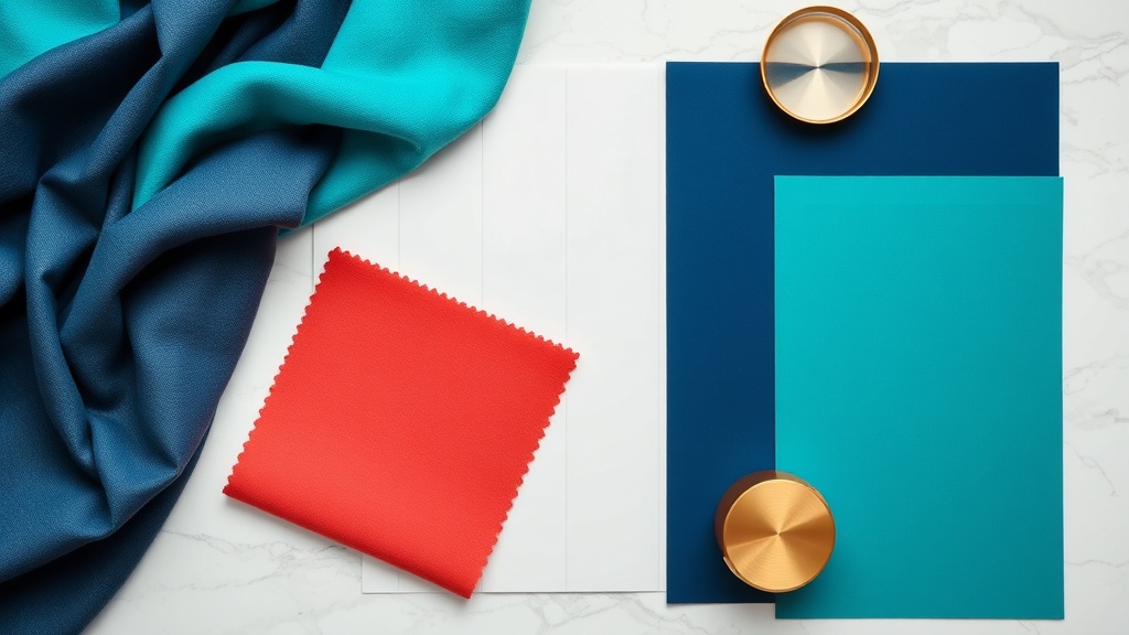 Paleta kolorystyczna z koralowym w centrum, otoczonym odcieniami turkusowego, granatowego, białego, szarego i złotego