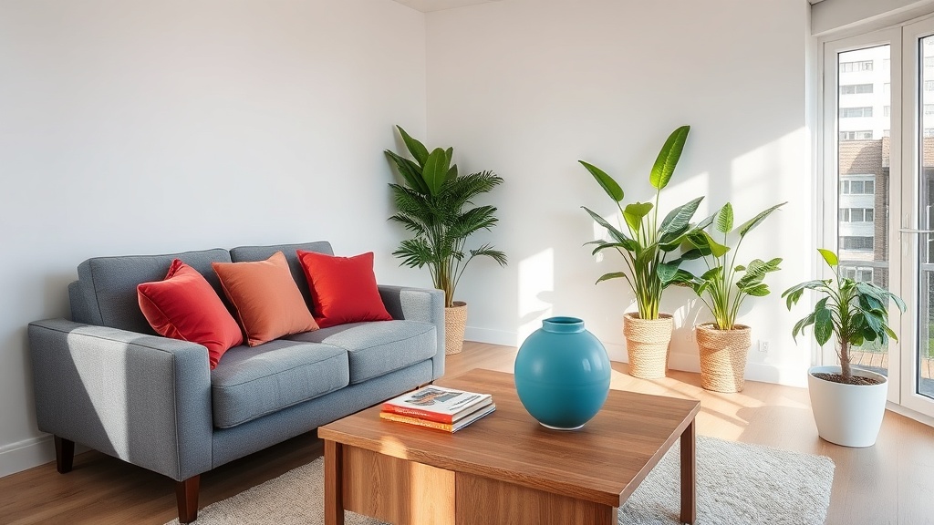 Salon z szarą sofą, koralowymi poduszkami, białymi ścianami, turkusowym wazonem na stoliku i zielonymi roślinami