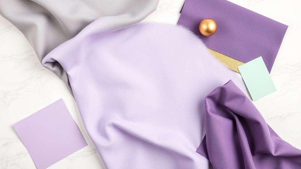 Paleta kolorystyczna z lawendowym w centrum, otoczonym szarym, białym, złotym, miętowym i ciemnofioletowym