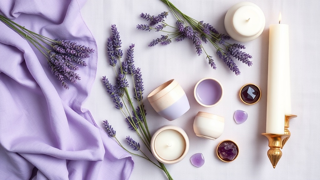 Moodboard lawendowy — tkaniny, kwiaty lawendy, ceramika, świece, kamienie w odcieniach lawendowych z akcentami złota i bieli