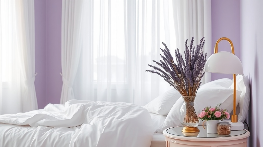 Sypialnia z jasnymi lawendowymi ścianami, białą pościelą, białymi firankami, złotą lampą nocną i bukietem suszonych kwiatów
