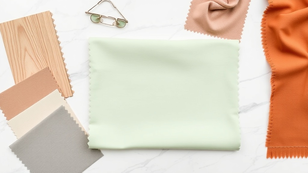 Paleta kolorystyczna z pistacjowym jako centralnym kolorem, otoczonym odcieniami białego, drewna, różowego, szarego i terrakoty