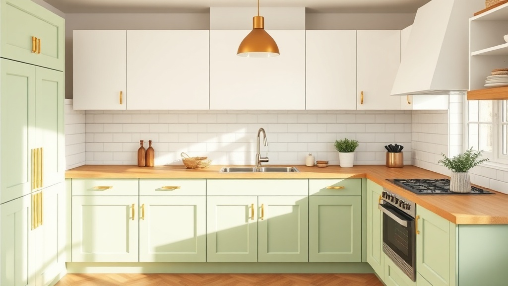 Kuchnia z pistacjowymi dolnymi szafkami, białymi górnymi, drewnianym blatem i złotymi uchwytami. Styl retro/skandynawski