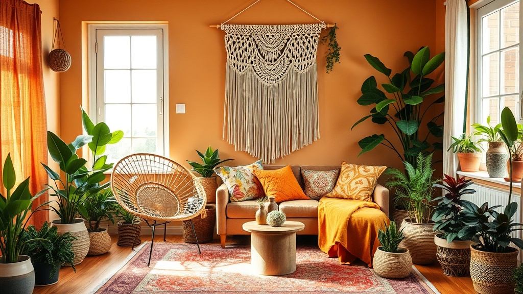 Salon w stylu boho z makramą, rattanowym fotelem i kolorowymi poduszkami
