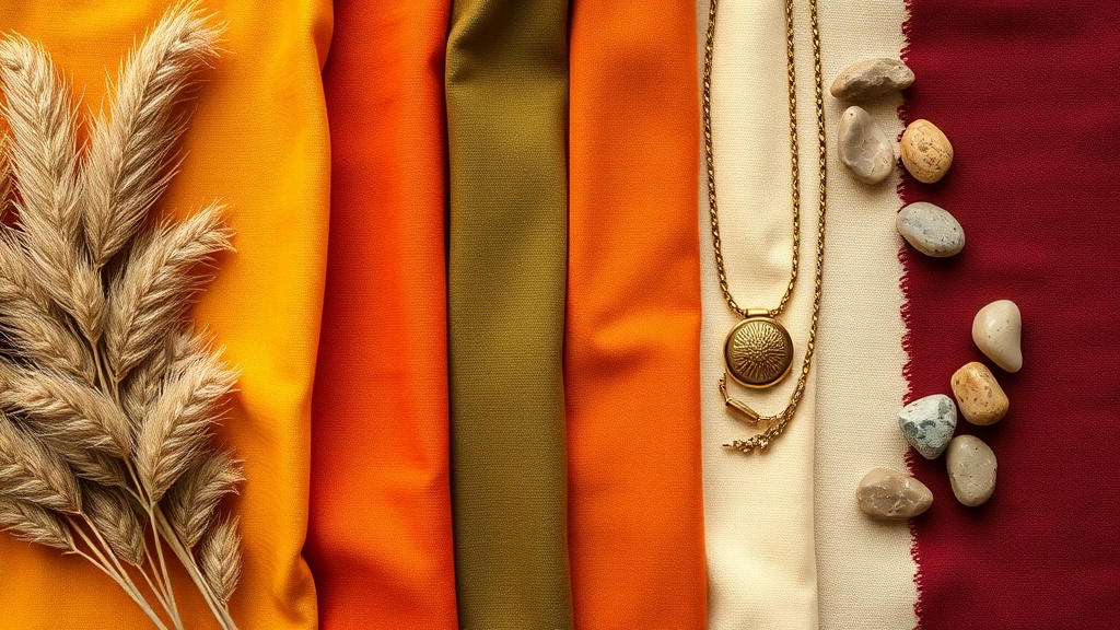 Paleta kolorów boho — terakota, musztarda, oliwka, bordo