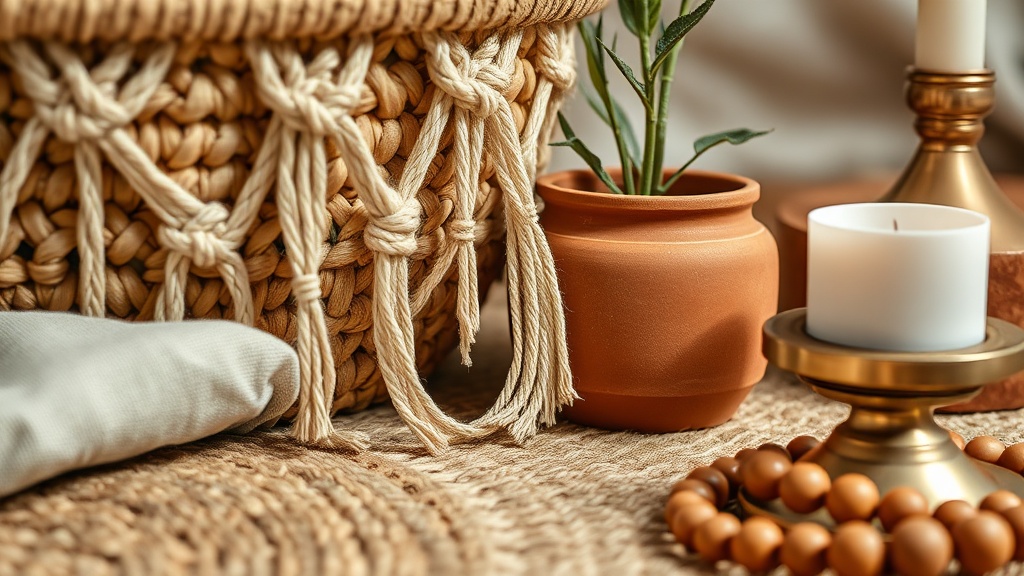 Materiały i tekstury boho — rattan, makrama, len, juta