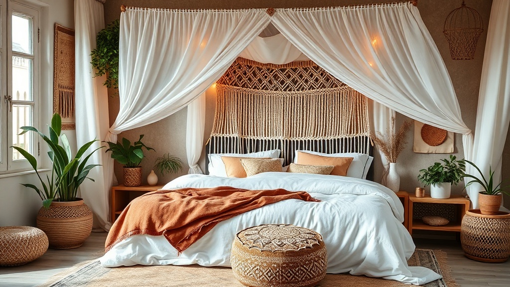 Sypialnia w stylu boho z baldachimem i makramą