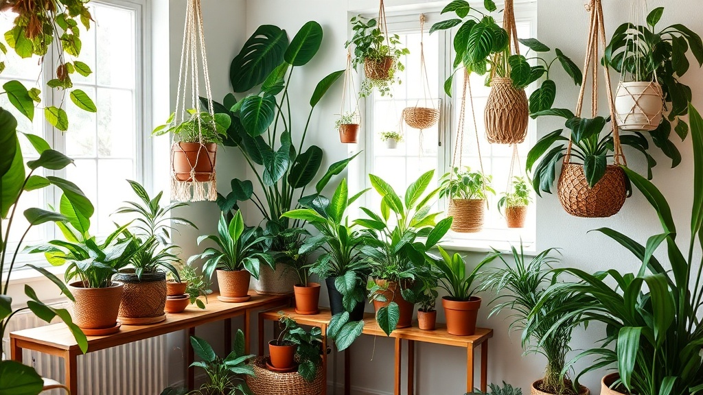 Kącik roślinny w stylu boho z monstera i makramą