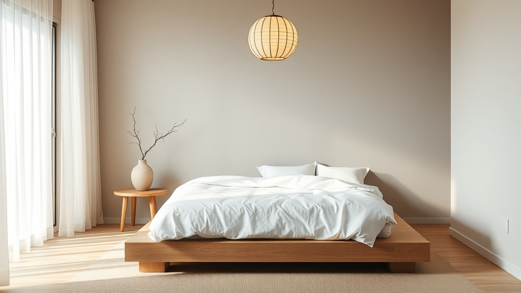 Sypialnia japandi — niskie łóżko, len i ceramika