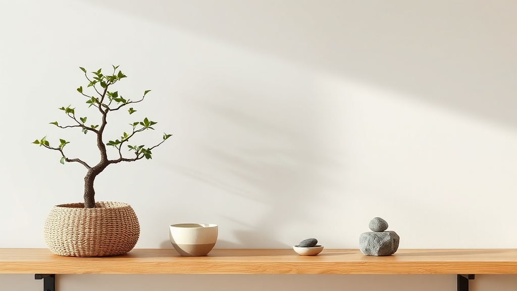 Dekoracje japandi — półka z ceramiką i bonsai