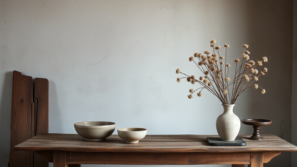 Wnętrze wabi-sabi — niedoskonałe tynki, drewno z patyną i ręczna ceramika