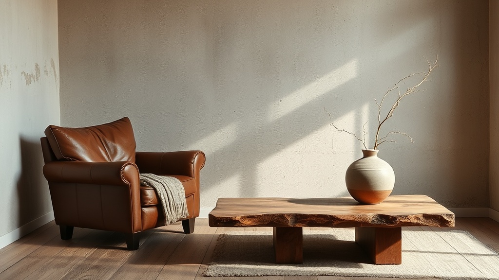 Salon wabi-sabi — surowy tynk, skórzany fotel i drewniany stolik
