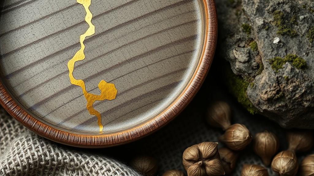 Detale wabi-sabi — kintsugi, słoje drewna i splot lnu