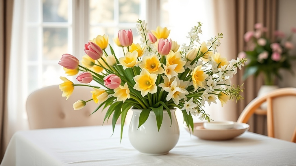 Wiosenne kwiaty — tulipany, narcyzy i hiacynty w ceramicznym wazonie