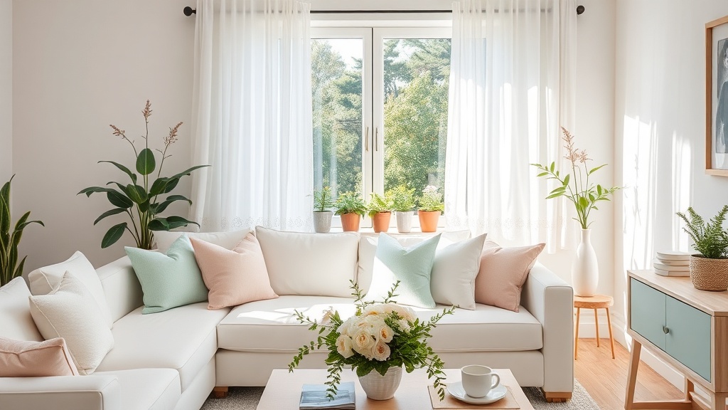 Wiosenny salon z pastelowymi poduszkami i kwiatami
