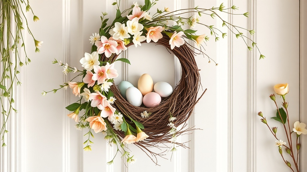 Wiosenny wianek DIY z kwiatów na białych drzwiach