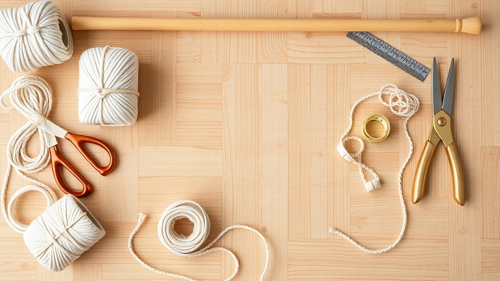 Materiały do makramy — sznur bawełniany, drążek, nożyczki