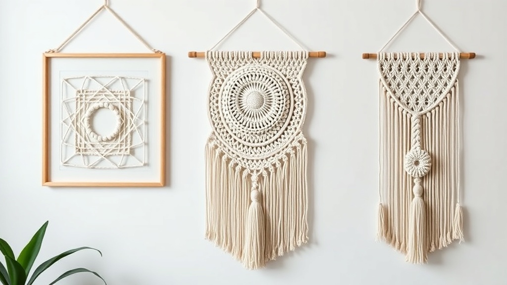 Trzy różne wzory makramy — geometryczny, organiczny i minimalistyczny