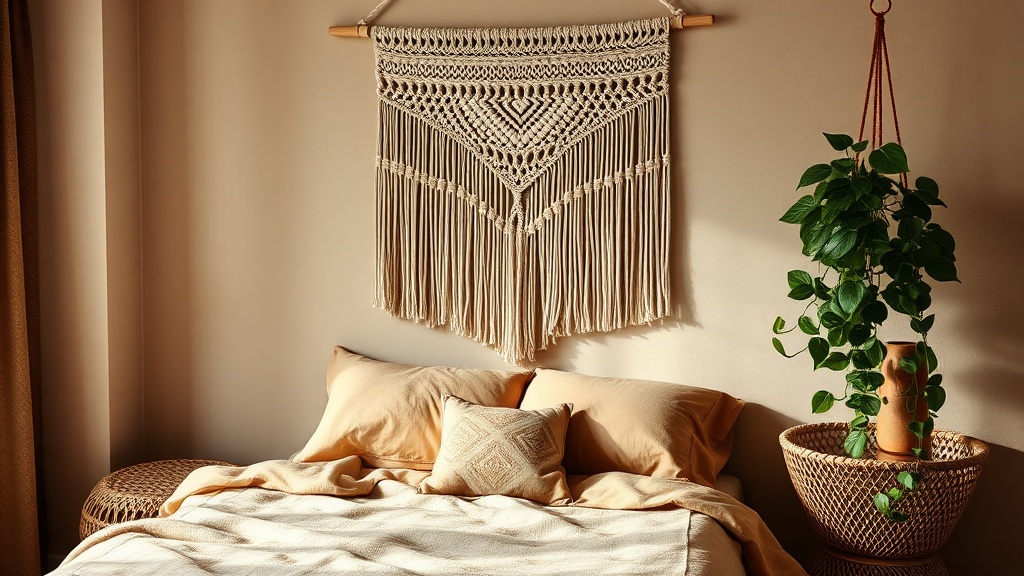 Makrama nad łóżkiem w sypialni boho