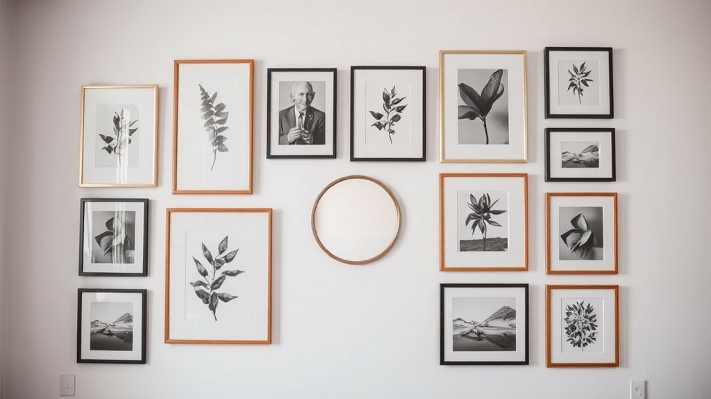 Galeria ścienna z obrazami i grafikami w różnych ramkach