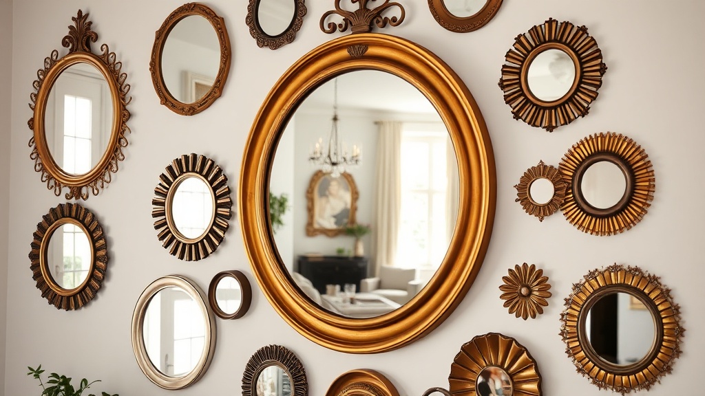 Dekoracyjne lustro w mosiężnej ramie na ścianie salonu