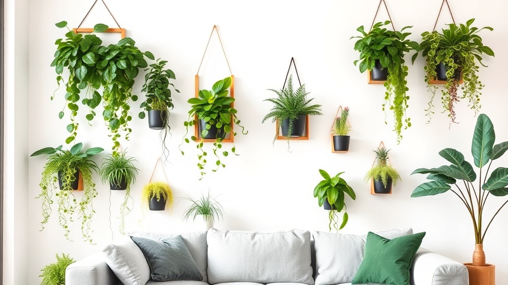 Zielona ściana z roślinami w wiszących doniczkach