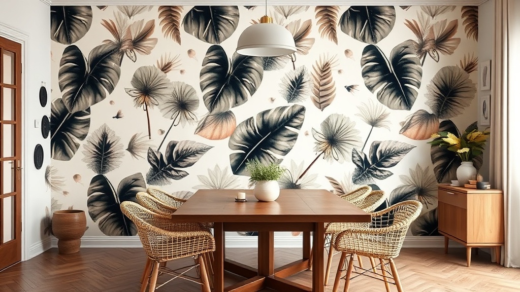 Tapeta z motywem botanicznym w jadalni