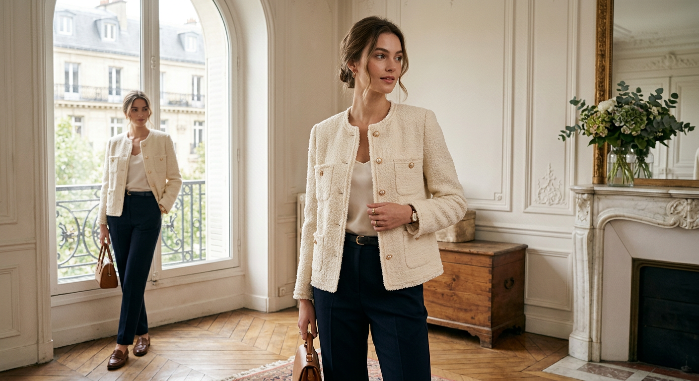 Elegancki żakiet bouclé w klasycznym kremowym kolorze w stylu Chanel