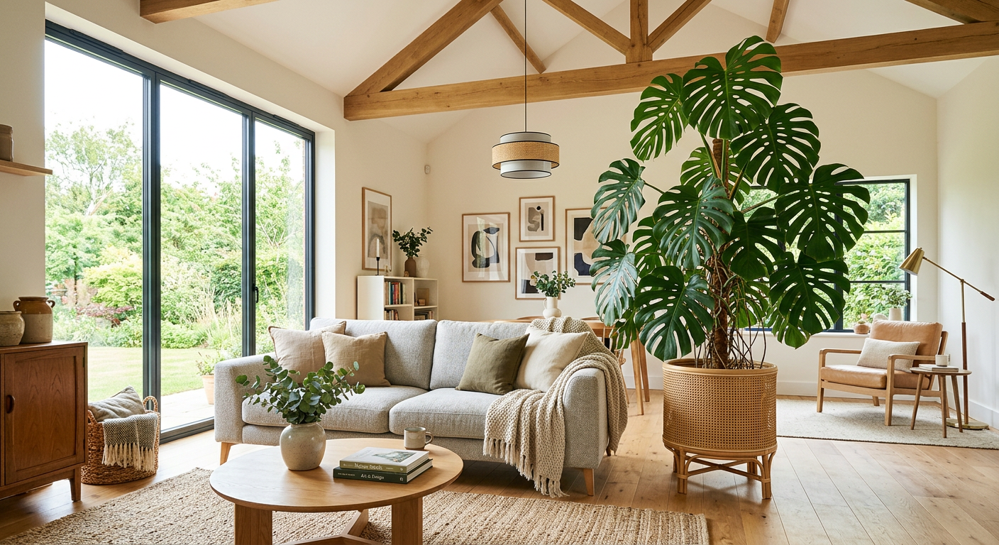 Przestronny salon z dużą monsterą deliciosą w rattanowej donicy, wysoki sufit, naturalne światło z dużego okna