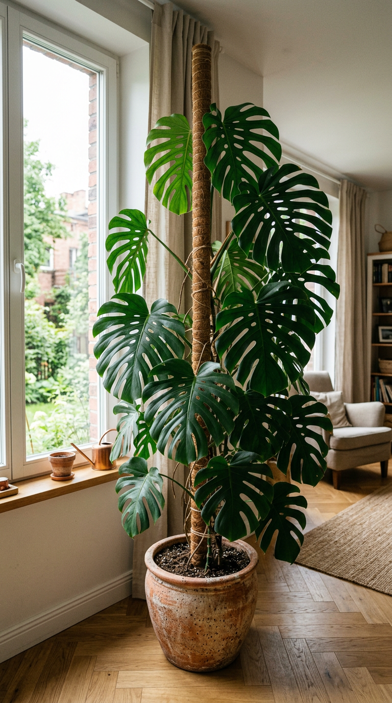 Wysoka monstera deliciosa przy oknie, na paliku kokosowym, liście z wyraźnymi fenestracjami, donica ceramiczna na podłodze