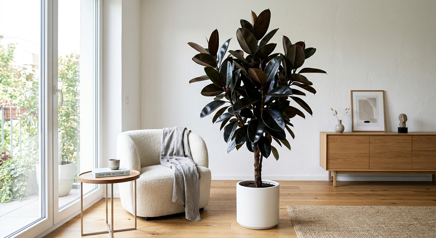 Wysoki fikus elastica Burgundy z ciemnobordowymi, lśniącymi liśćmi, w białej ceramicznej donicy w minimalistycznym salonie