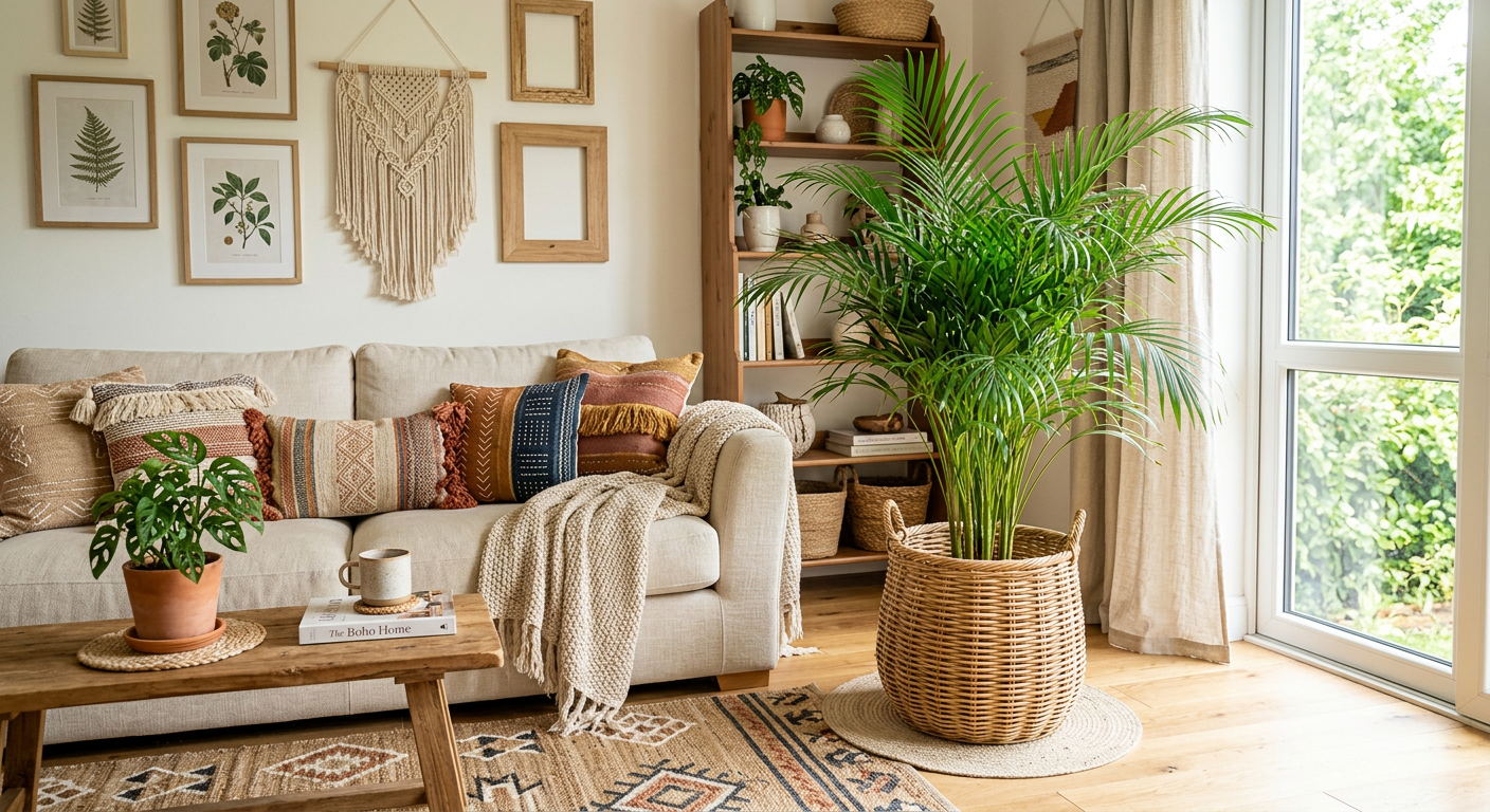 Palma Areka w dużej rattanowej donicy, w jasnym salonie z sofą i poduszkami w stylu boho