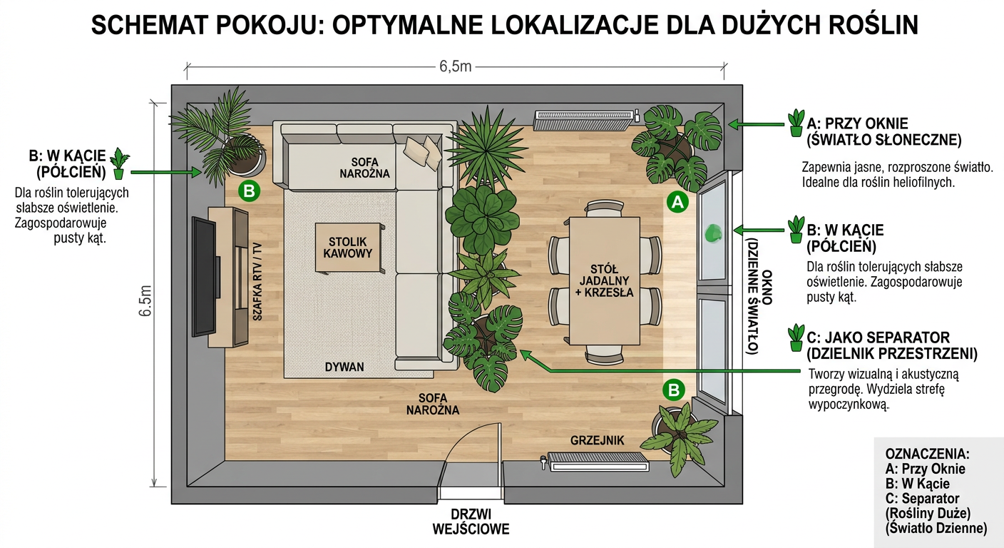 Schemat pokoju z oznaczonymi optymalnymi lokalizacjami dla dużych roślin — przy oknie, w kącie, jako separator