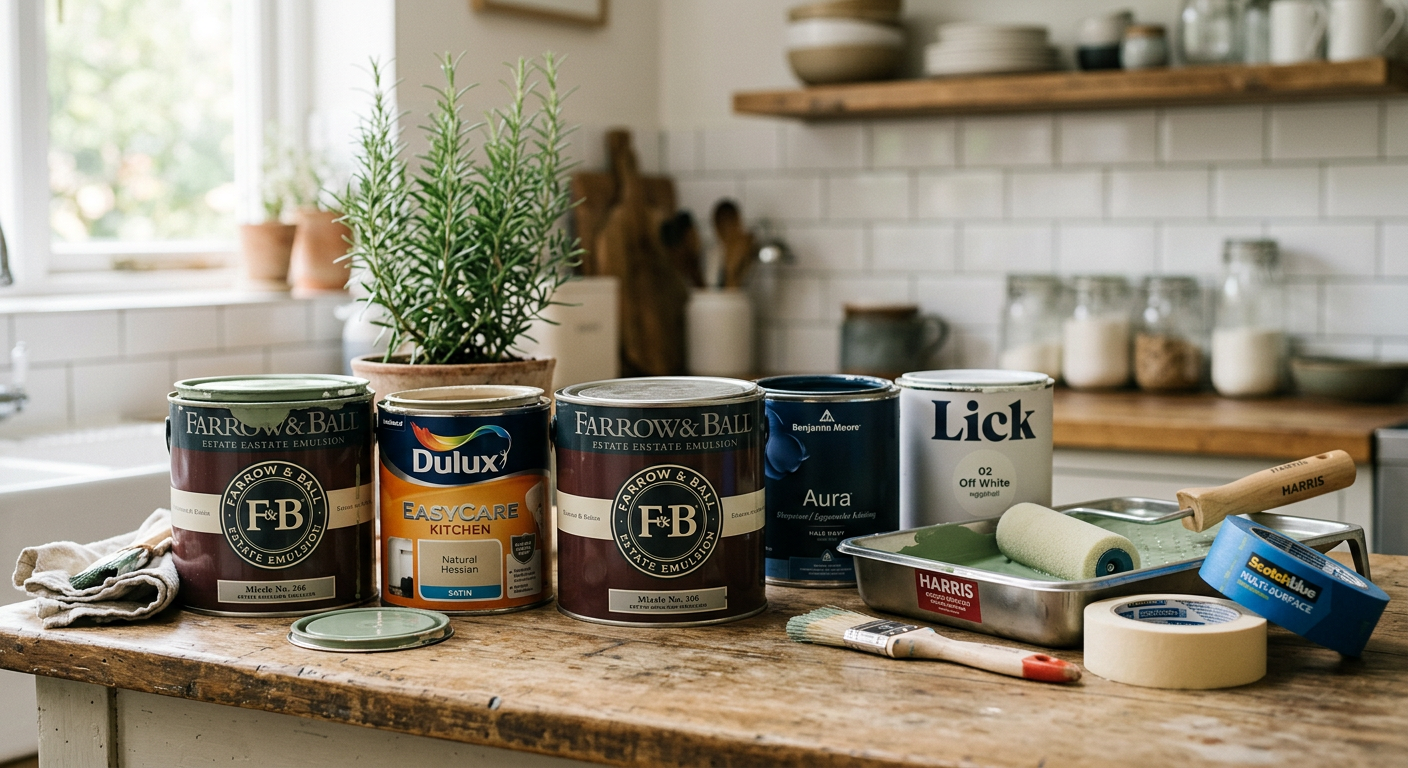 Puszki farb do kuchni różnych marek, wałek, taśma malarska — przygotowanie do malowania