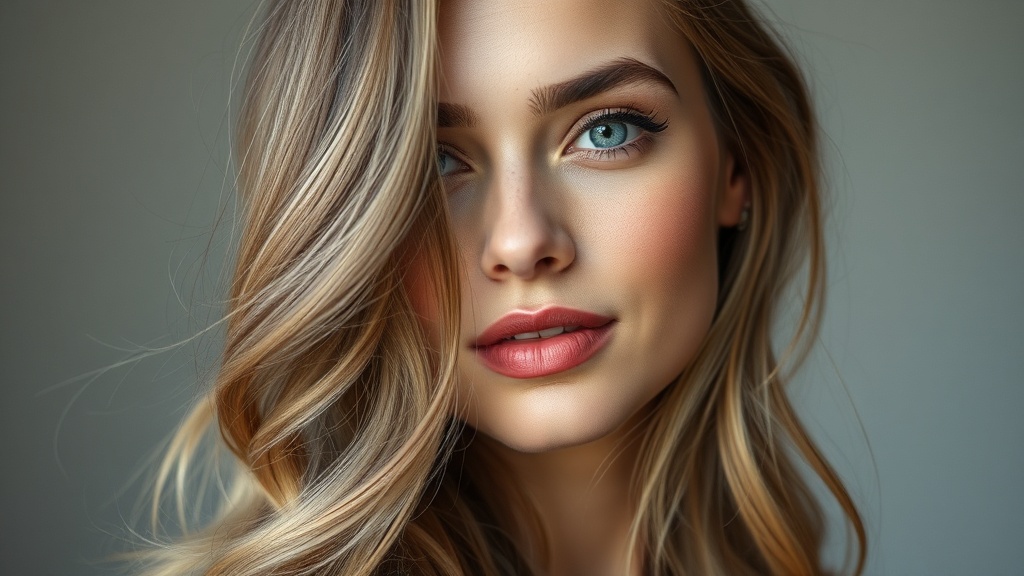 Kobieta z karmelowo-brązowymi włosami i zielonymi oczami, balayage, naturalne światło