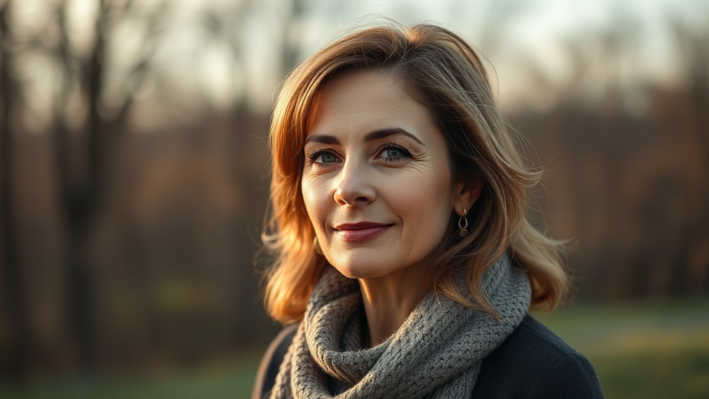 Portret kobiety 40+ z ciepłymi, miodowymi refleksami we włosach, naturalne światło, jasne tło