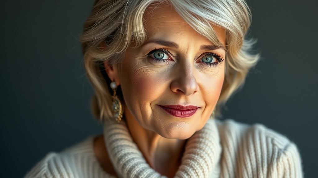 Elegancka kobieta 50+ z jasnymi, ciepłymi włosami w odcieniu maślanego blondu, portret