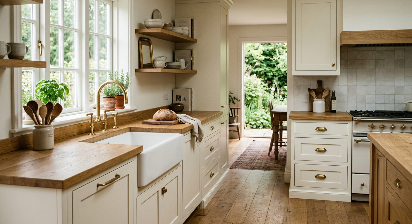 Kuchnia w ciepłej bieli z drewnianymi blatami i mosiężnymi uchwytami — styl skandynawski