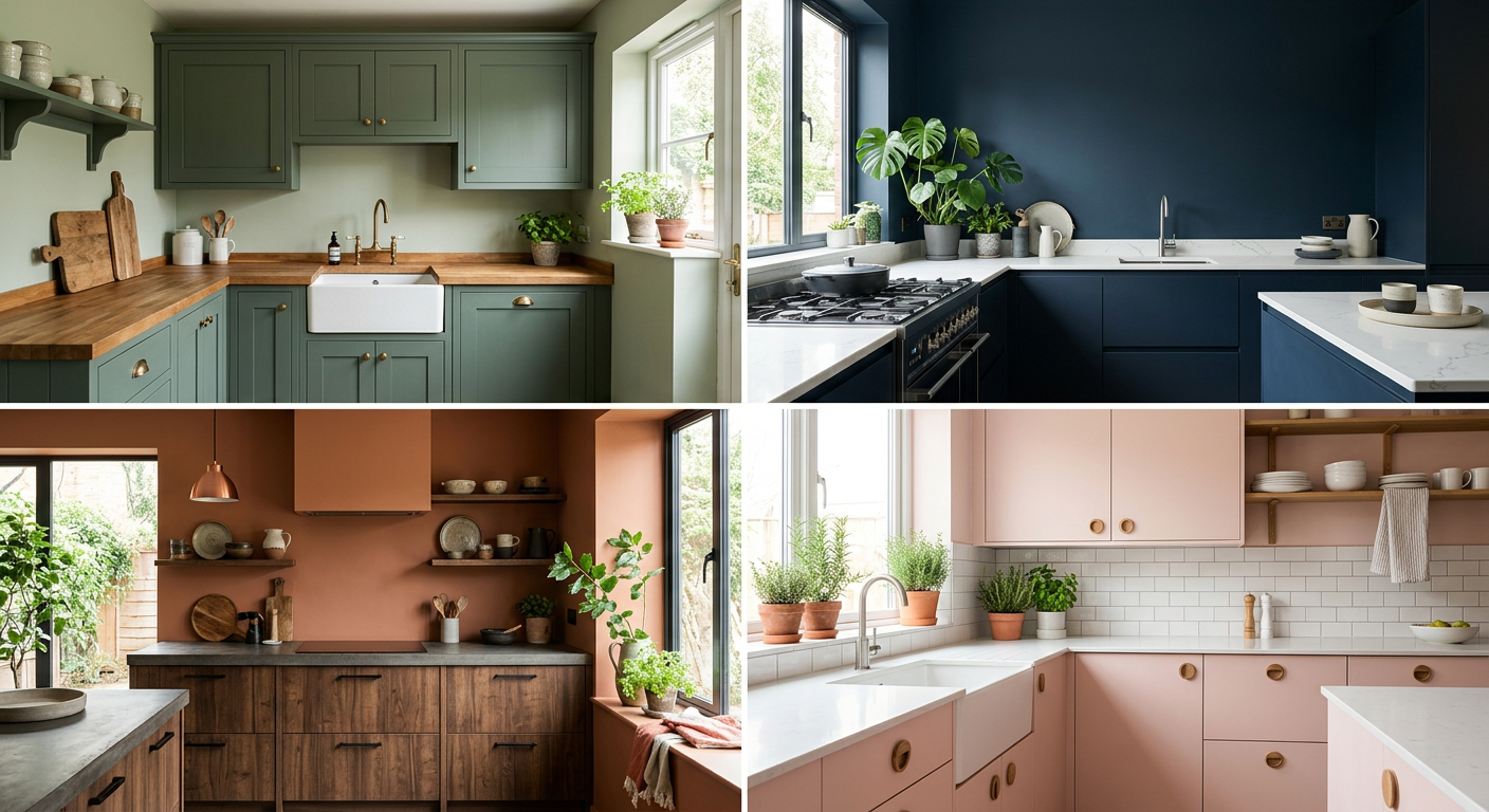Kolaż 4 kuchni z różnymi frontami szafek i dobranym kolorem ścian