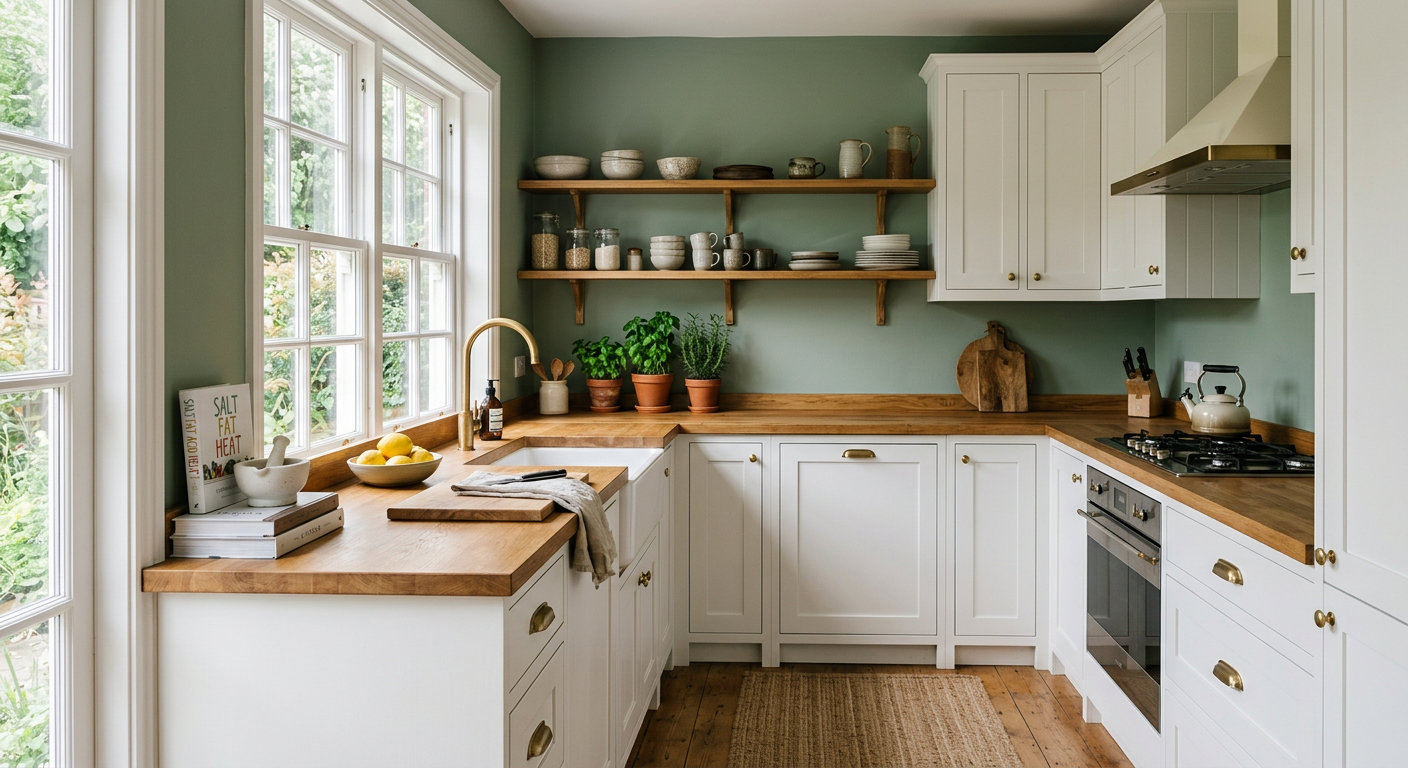 Kuchnia z szałwiowymi ścianami, białymi szafkami, drewnianym blatem i świeżymi ziołami w doniczkach