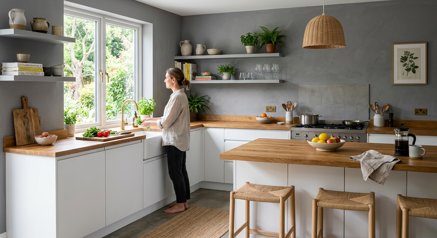 Nowoczesna kuchnia z szarymi ścianami, białymi szafkami i drewnianym blatem